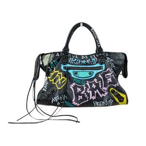 Balenciaga Leather Classic Graffiti All Over Accent City Large Bag Black